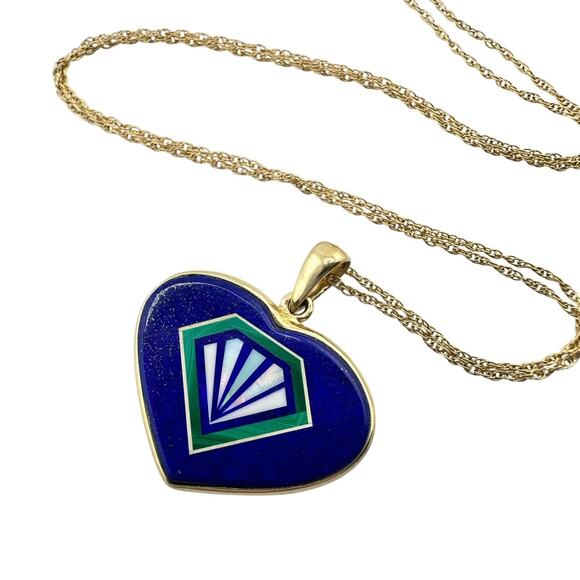 14K Opal Lapis Malachite Intarsia Heart Yellow Gold Pendant 18" Chain Necklace - Picture 1 of 10